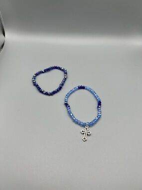 Blue Beaded Stretch Bracelet Set with Cross Charm - Handmade #B0044T